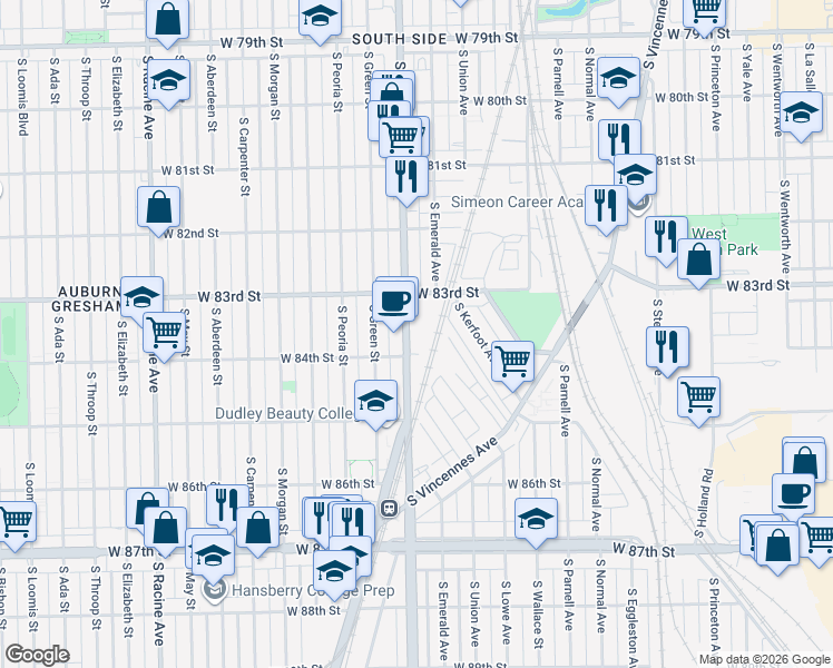 map of restaurants, bars, coffee shops, grocery stores, and more near 8335 South Halsted Street in Chicago