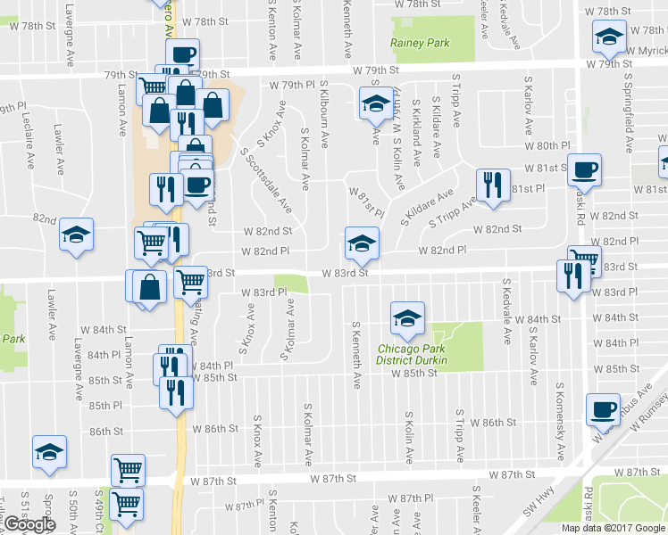 map of restaurants, bars, coffee shops, grocery stores, and more near 4506 West 83rd Street in Chicago