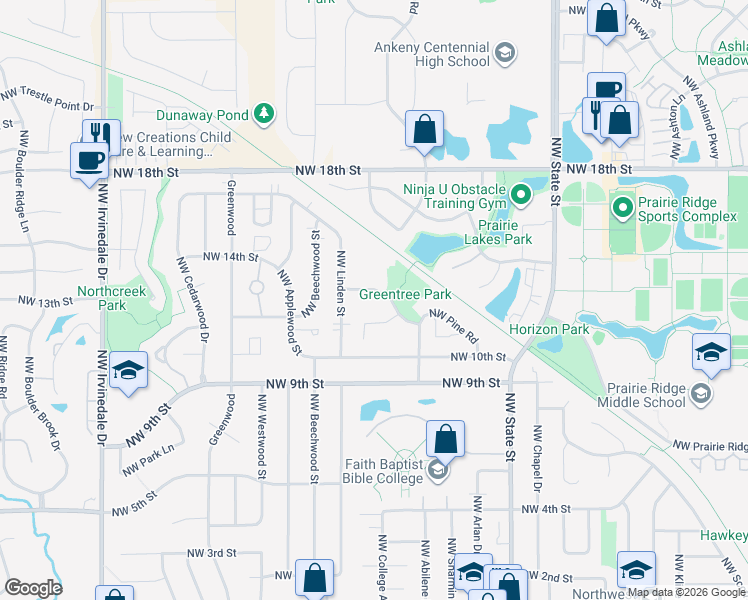 map of restaurants, bars, coffee shops, grocery stores, and more near 2043 Northwest Hickory Lane in Ankeny