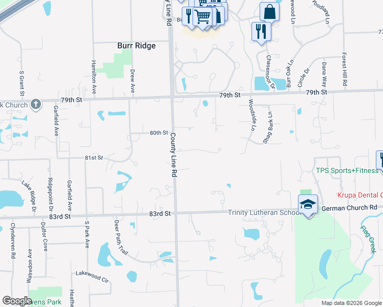 map of restaurants, bars, coffee shops, grocery stores, and more near 11813 Cross Creek Court in Burr Ridge
