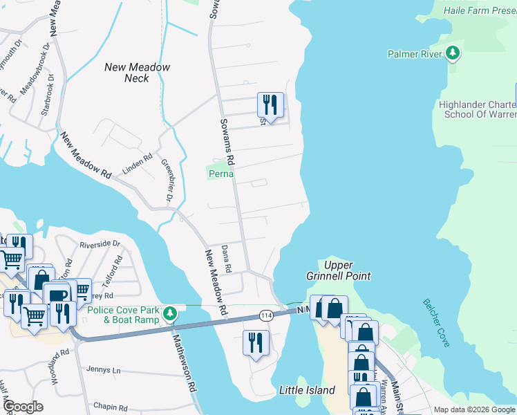 map of restaurants, bars, coffee shops, grocery stores, and more near 12 Lillis Avenue in Barrington