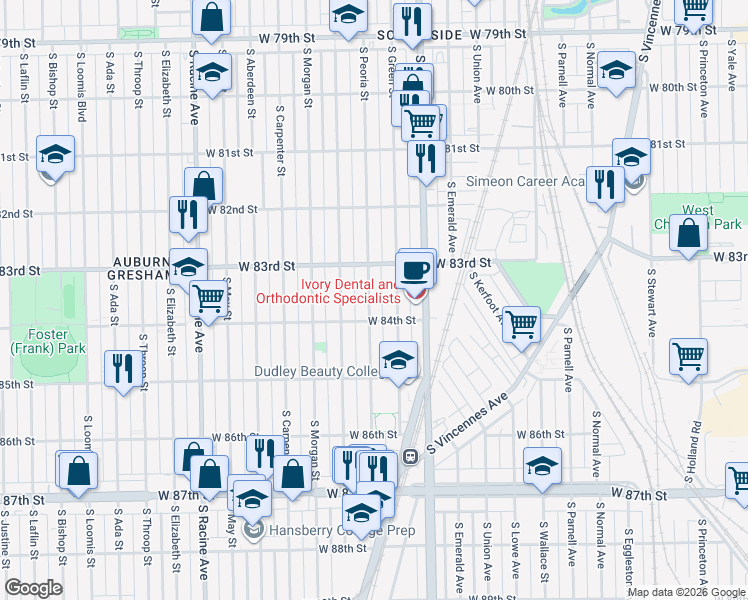 map of restaurants, bars, coffee shops, grocery stores, and more near 8337 South Peoria Street in Chicago