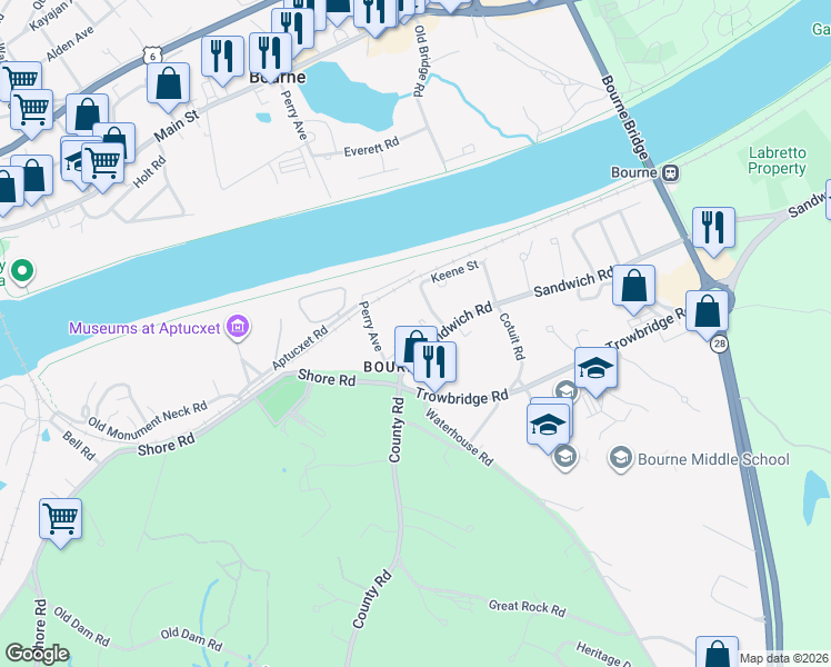 map of restaurants, bars, coffee shops, grocery stores, and more near 19 Sandwich Road in Bourne