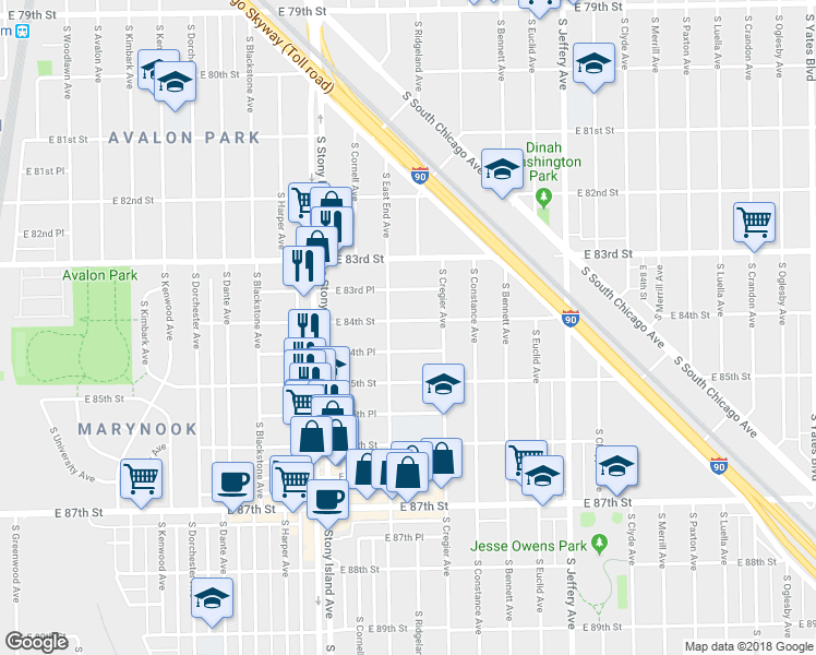 map of restaurants, bars, coffee shops, grocery stores, and more near 1719 East 84th Street in Chicago