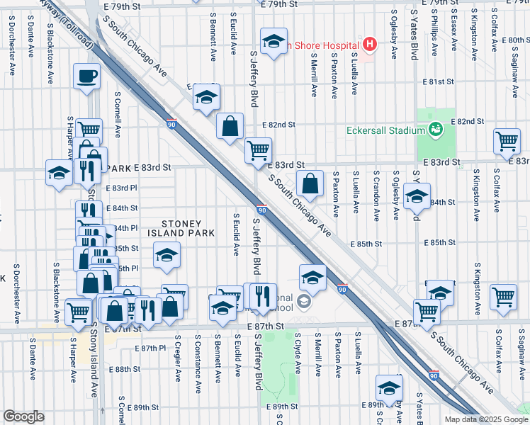 map of restaurants, bars, coffee shops, grocery stores, and more near Chicago Skyway in Chicago