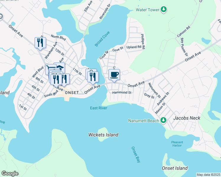 map of restaurants, bars, coffee shops, grocery stores, and more near 11 Myrtle Street in Wareham