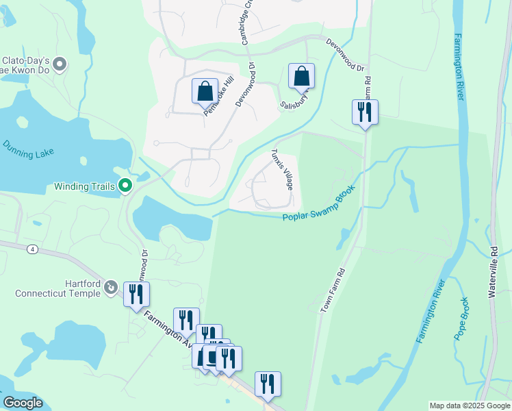 map of restaurants, bars, coffee shops, grocery stores, and more near 101 Tunxis Village in Farmington
