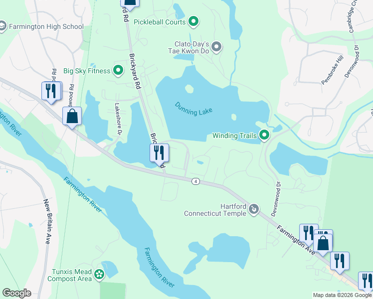 map of restaurants, bars, coffee shops, grocery stores, and more near 33 Grandview Drive in Farmington