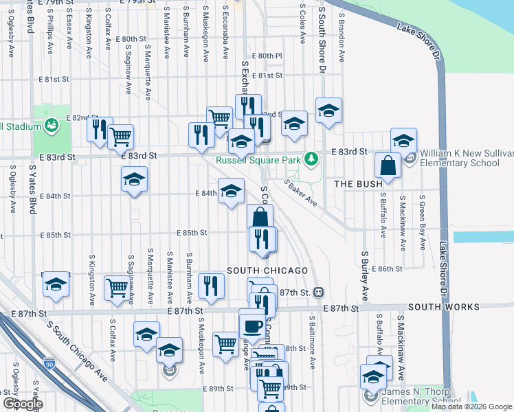 map of restaurants, bars, coffee shops, grocery stores, and more near 8438 South Baltimore Avenue in Chicago