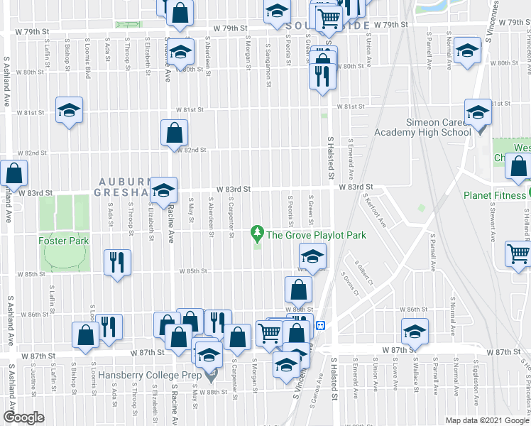 map of restaurants, bars, coffee shops, grocery stores, and more near 8344 South Sangamon Street in Chicago