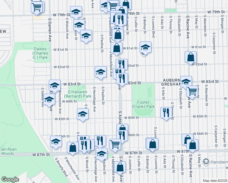 map of restaurants, bars, coffee shops, grocery stores, and more near 8334 South Marshfield Avenue in Chicago