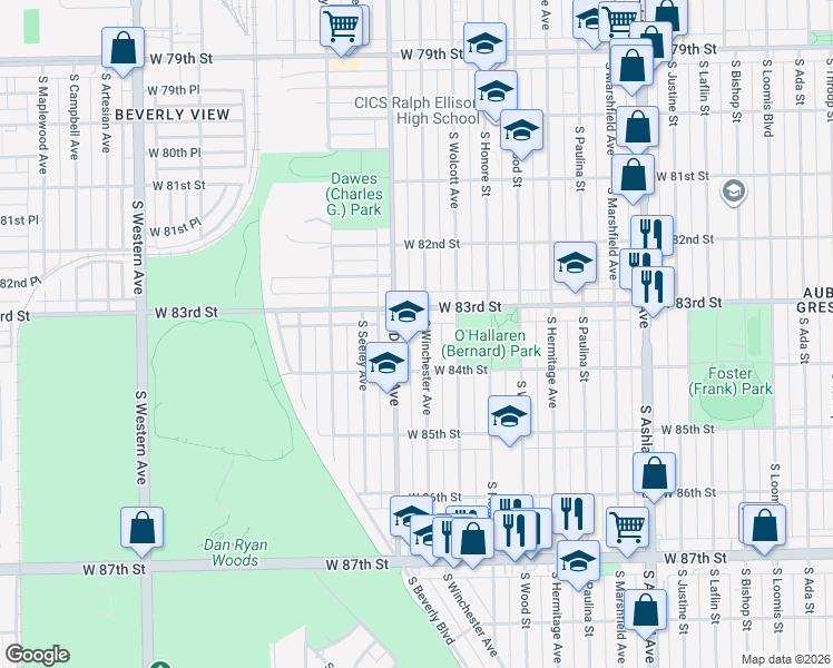 map of restaurants, bars, coffee shops, grocery stores, and more near 8330 South Winchester Avenue in Chicago