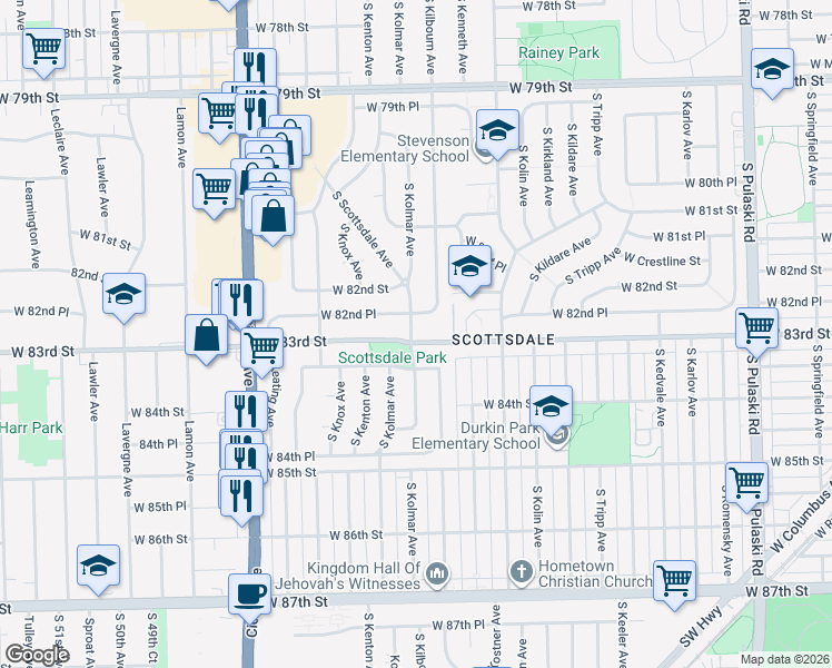 map of restaurants, bars, coffee shops, grocery stores, and more near 4600 West 83rd Street in Chicago
