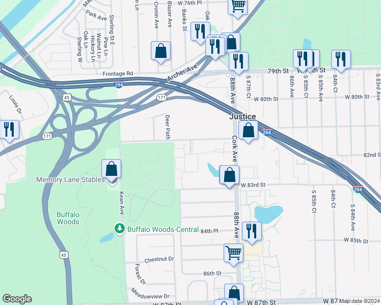 map of restaurants, bars, coffee shops, grocery stores, and more near 8117H Concord Lane in Justice