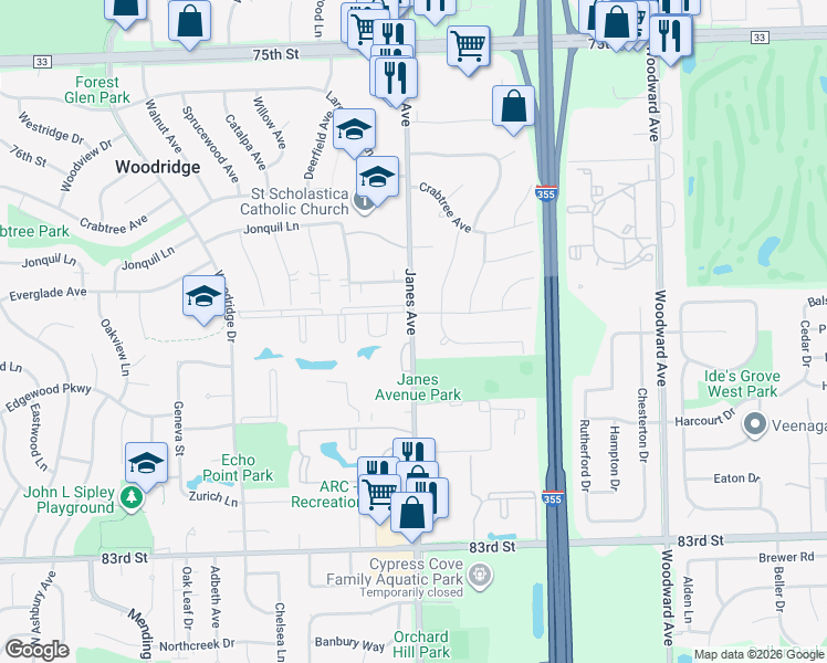 map of restaurants, bars, coffee shops, grocery stores, and more near in Woodridge