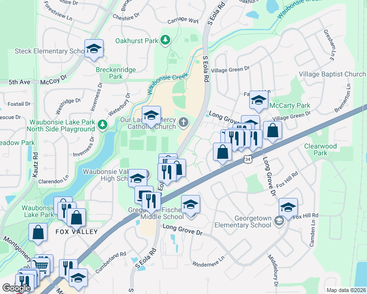 map of restaurants, bars, coffee shops, grocery stores, and more near 801 South Eola Road in Aurora