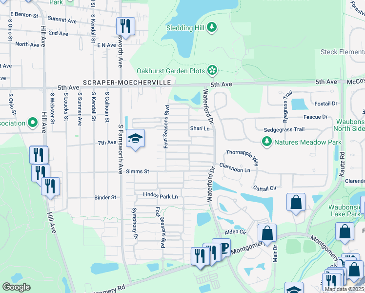 map of restaurants, bars, coffee shops, grocery stores, and more near 734 Four Seasons Boulevard in Aurora