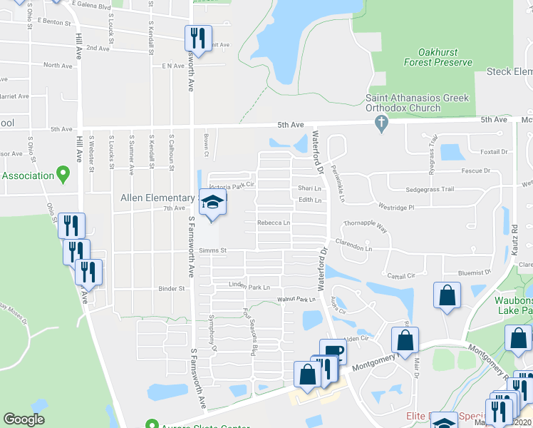map of restaurants, bars, coffee shops, grocery stores, and more near 734 Four Seasons Boulevard in Aurora