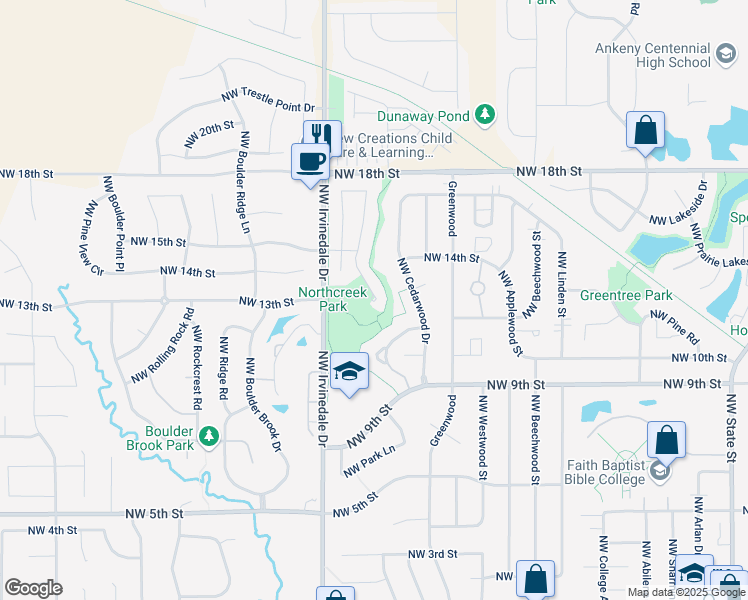 map of restaurants, bars, coffee shops, grocery stores, and more near 1301 Northwest Northwood Drive in Ankeny