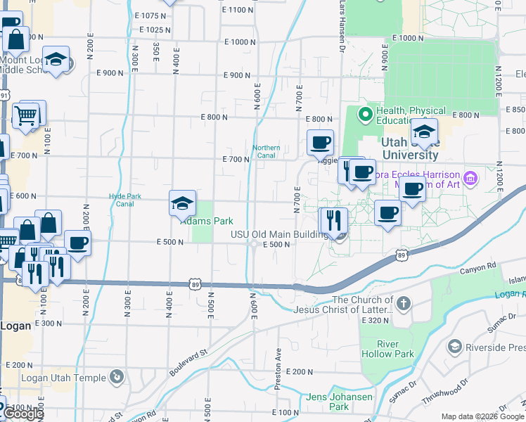 map of restaurants, bars, coffee shops, grocery stores, and more near 620 East 600 North in Logan