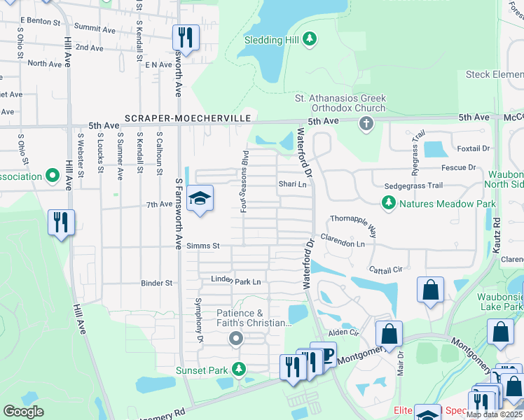 map of restaurants, bars, coffee shops, grocery stores, and more near 731 Serendipity Drive in Aurora