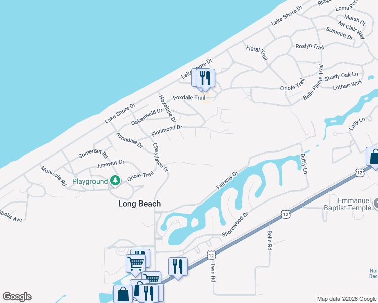 map of restaurants, bars, coffee shops, grocery stores, and more near 2210 Oriole Trail in Long Beach