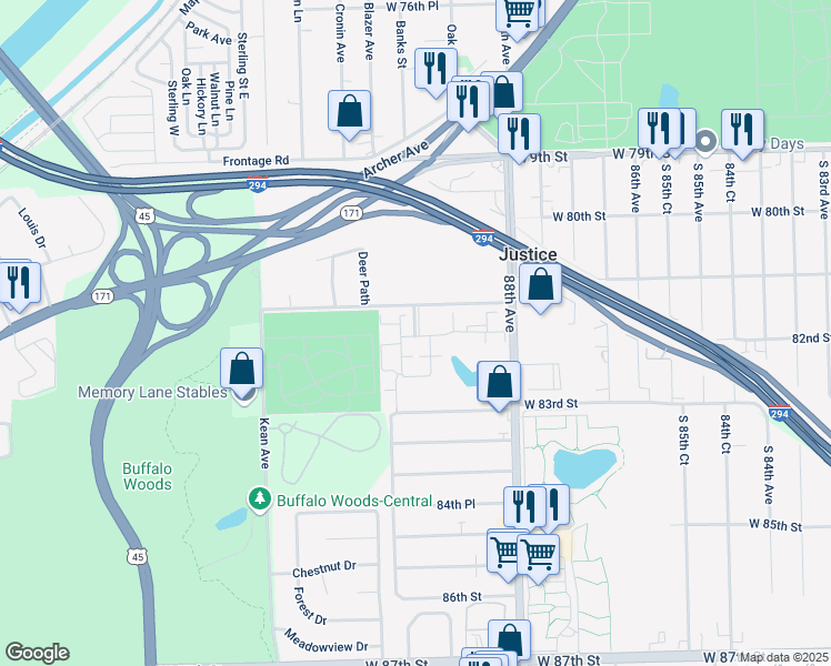 map of restaurants, bars, coffee shops, grocery stores, and more near 8117H Concord Lane in Justice