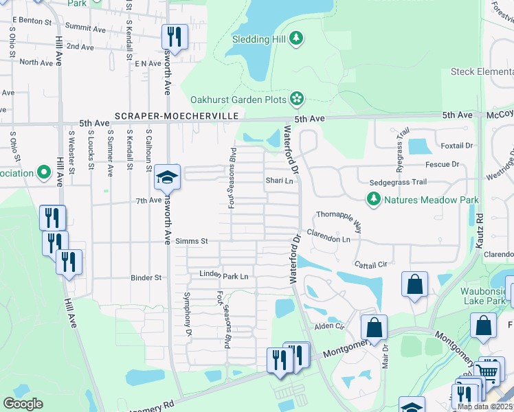 map of restaurants, bars, coffee shops, grocery stores, and more near 723 Serendipity Drive in Aurora