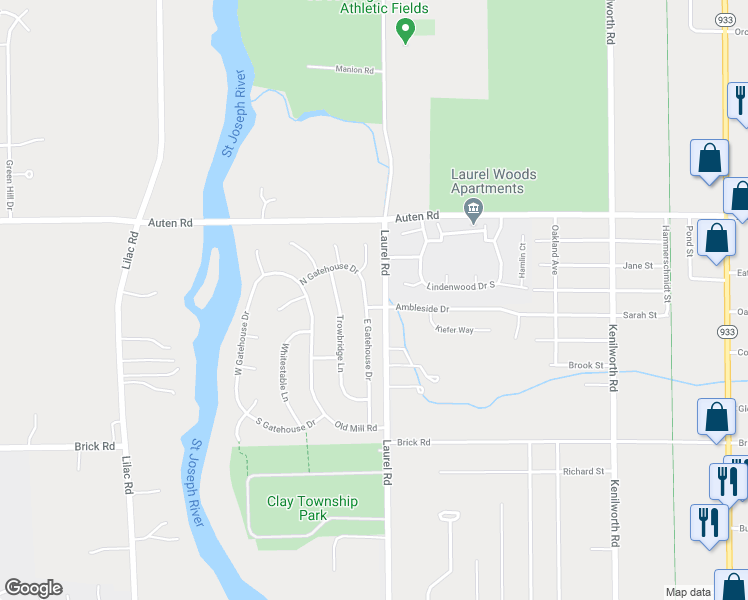 map of restaurants, bars, coffee shops, grocery stores, and more near 20525 Ambleside Drive in South Bend