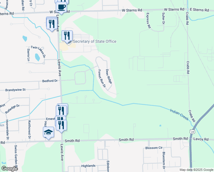map of restaurants, bars, coffee shops, grocery stores, and more near 6853 Forest Run Drive in Temperance