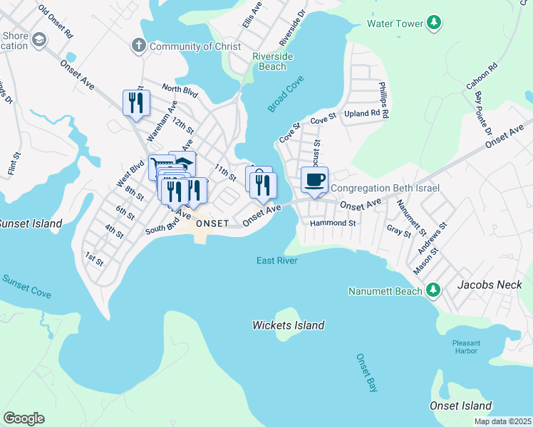 map of restaurants, bars, coffee shops, grocery stores, and more near 160 Onset Avenue in Wareham