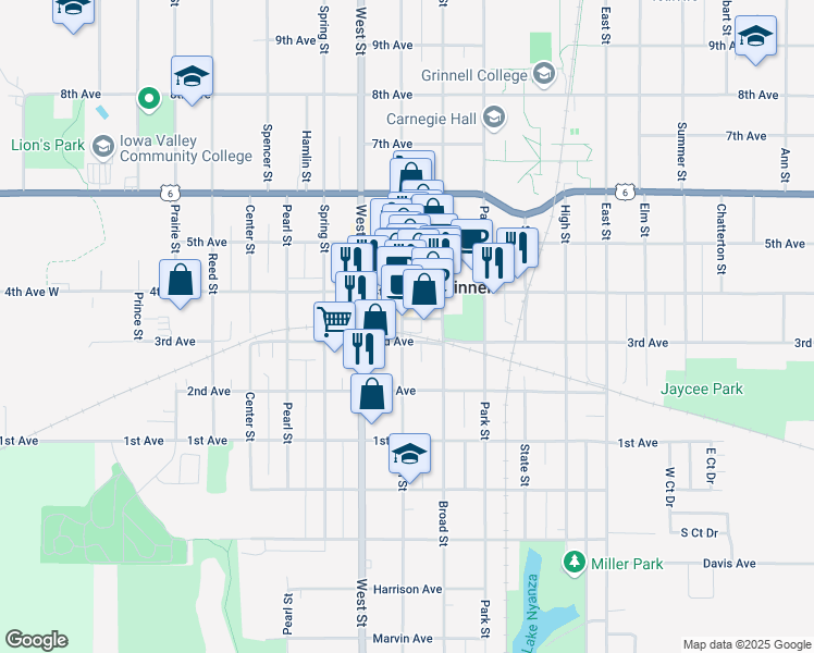 map of restaurants, bars, coffee shops, grocery stores, and more near 804 Commercial Street in Grinnell
