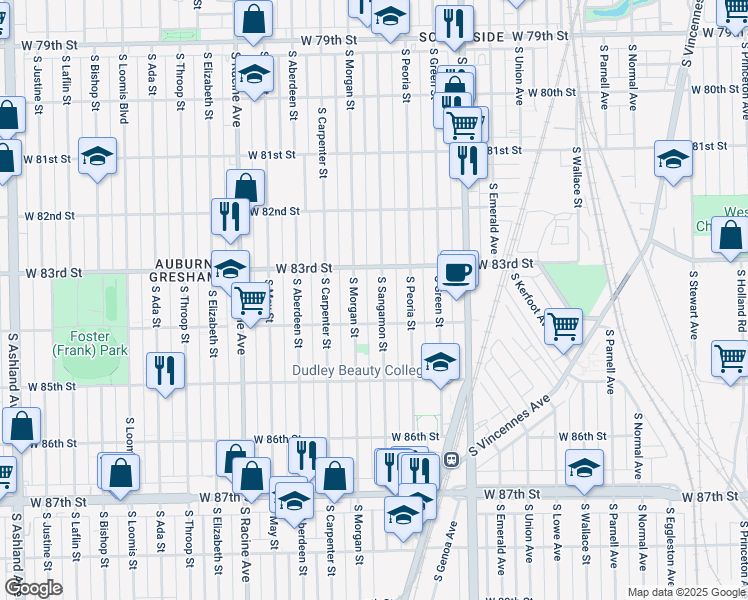 map of restaurants, bars, coffee shops, grocery stores, and more near 8334 South Sangamon Street in Chicago