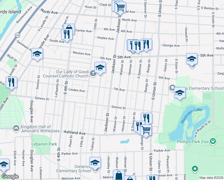 map of restaurants, bars, coffee shops, grocery stores, and more near 707 Watson Street in Aurora