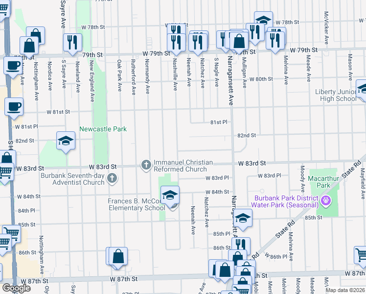 map of restaurants, bars, coffee shops, grocery stores, and more near 6546 82nd Place in Burbank