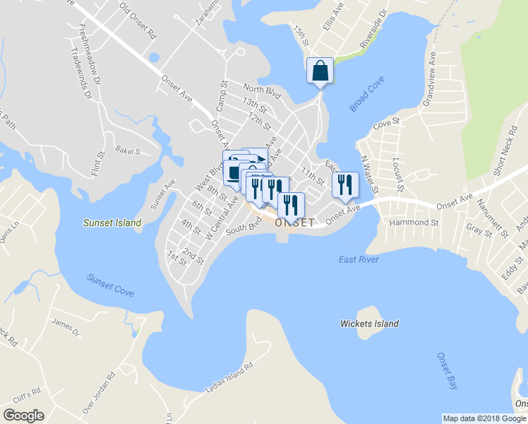 map of restaurants, bars, coffee shops, grocery stores, and more near 5 South Boulevard in Wareham