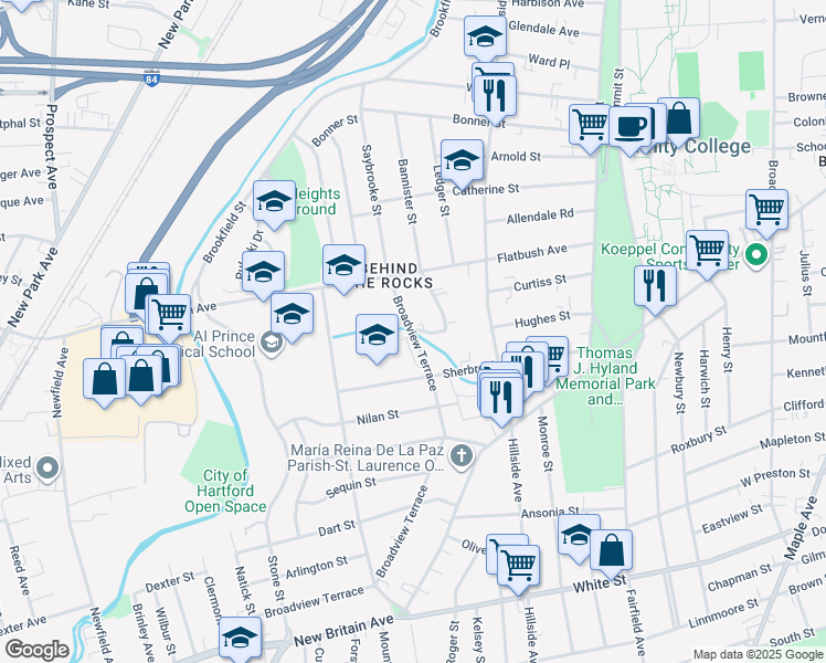 map of restaurants, bars, coffee shops, grocery stores, and more near 294 Broadview Terrace in Hartford