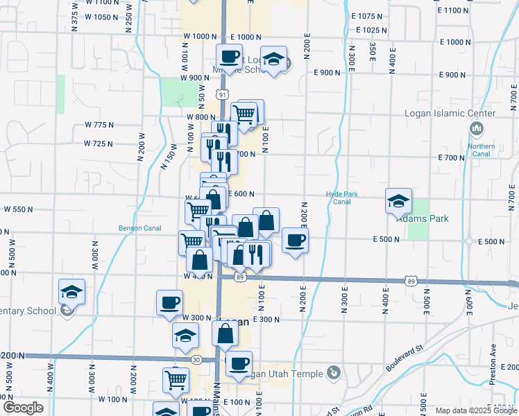 map of restaurants, bars, coffee shops, grocery stores, and more near 575 North 100 East in Logan