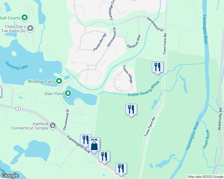 map of restaurants, bars, coffee shops, grocery stores, and more near 101 Tunxis Village in Farmington