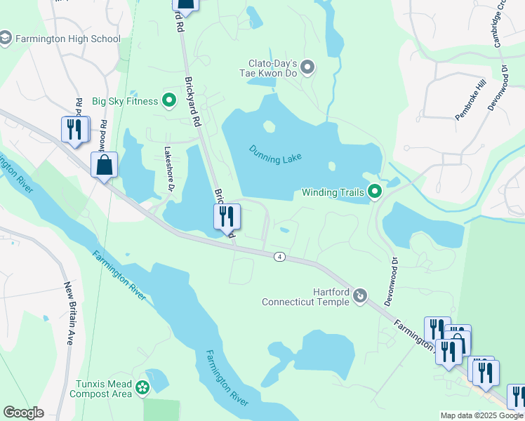 map of restaurants, bars, coffee shops, grocery stores, and more near 33 Grandview Drive in Farmington