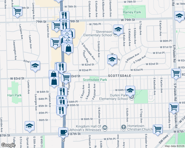 map of restaurants, bars, coffee shops, grocery stores, and more near 4637 West 83rd Street in Chicago
