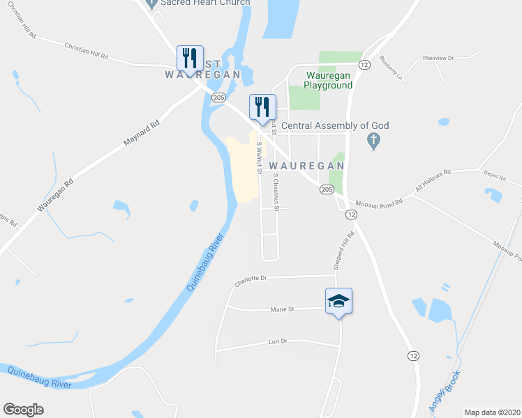 map of restaurants, bars, coffee shops, grocery stores, and more near South Walnut Street & 1st Street in Plainfield