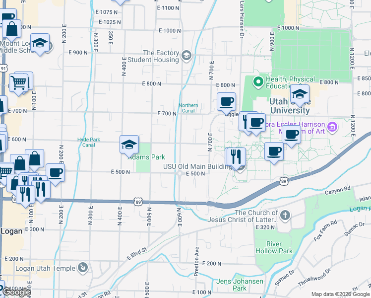 map of restaurants, bars, coffee shops, grocery stores, and more near 570 600 East in Logan