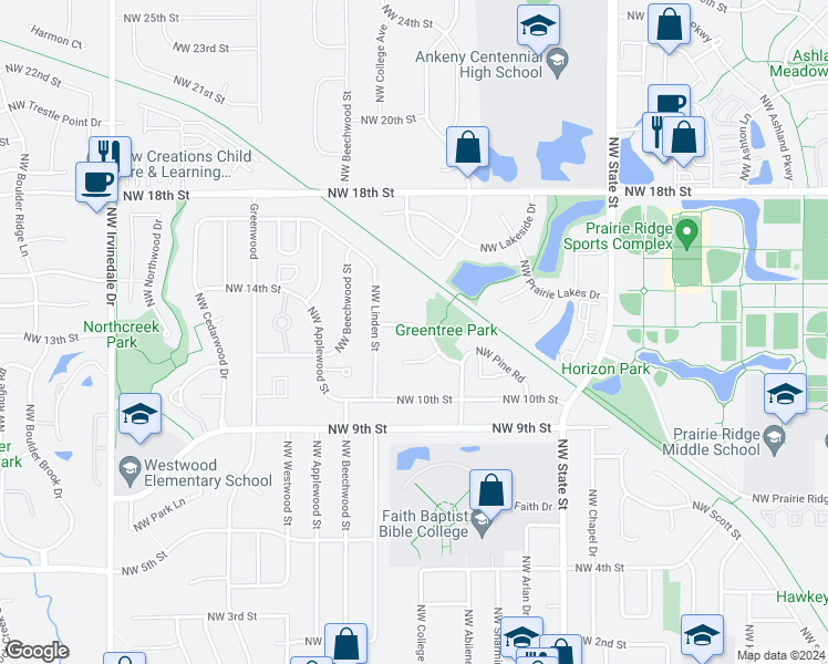 map of restaurants, bars, coffee shops, grocery stores, and more near 2063 Northwest Hickory Lane in Ankeny