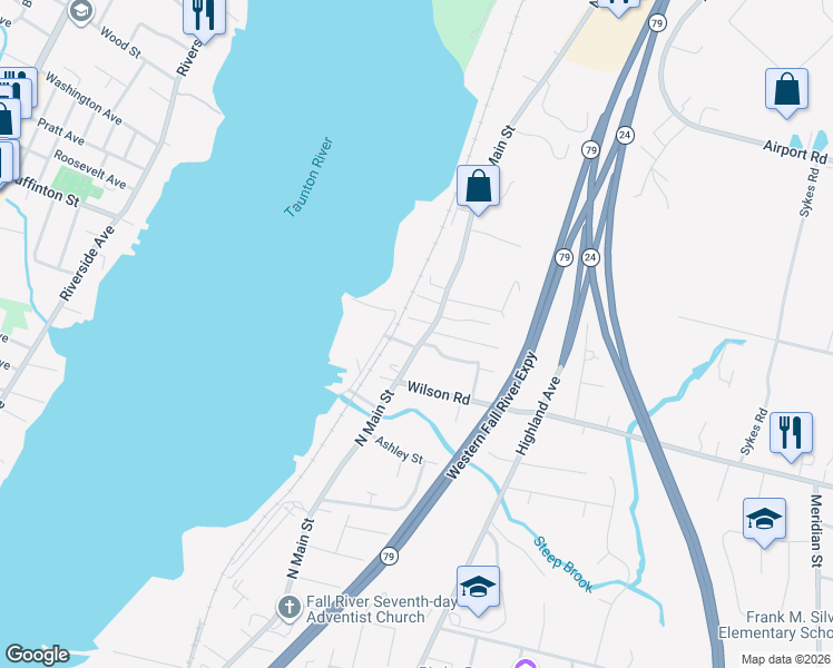 map of restaurants, bars, coffee shops, grocery stores, and more near 50 Clark Street in Fall River