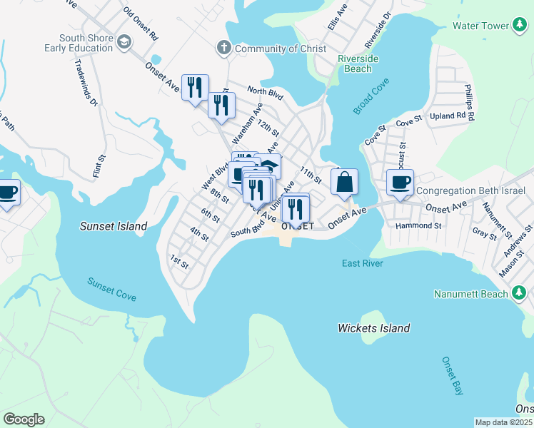 map of restaurants, bars, coffee shops, grocery stores, and more near in Wareham