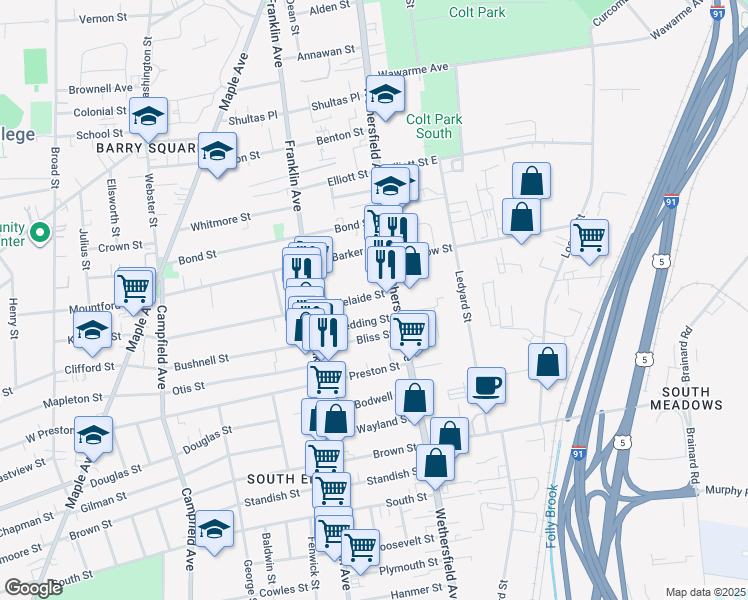map of restaurants, bars, coffee shops, grocery stores, and more near 20 Redding Street in Hartford