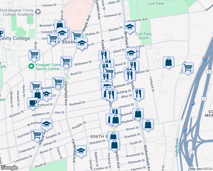 map of restaurants, bars, coffee shops, grocery stores, and more near 301 Franklin Avenue in Hartford