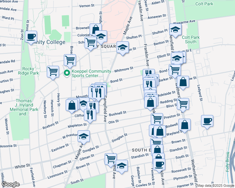 map of restaurants, bars, coffee shops, grocery stores, and more near 185 Barker Street in Hartford