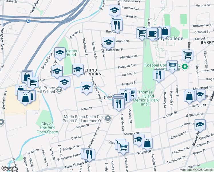 map of restaurants, bars, coffee shops, grocery stores, and more near 114 Sherbrooke Avenue in Hartford